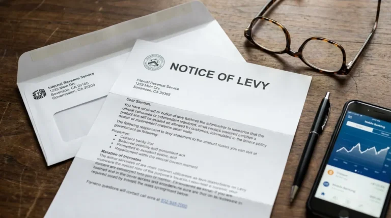 An IRS notice of levy letter on a desk next to reading glasses and a phone showing a banking app, representing what a notice of levy means for taxpayers in 2026