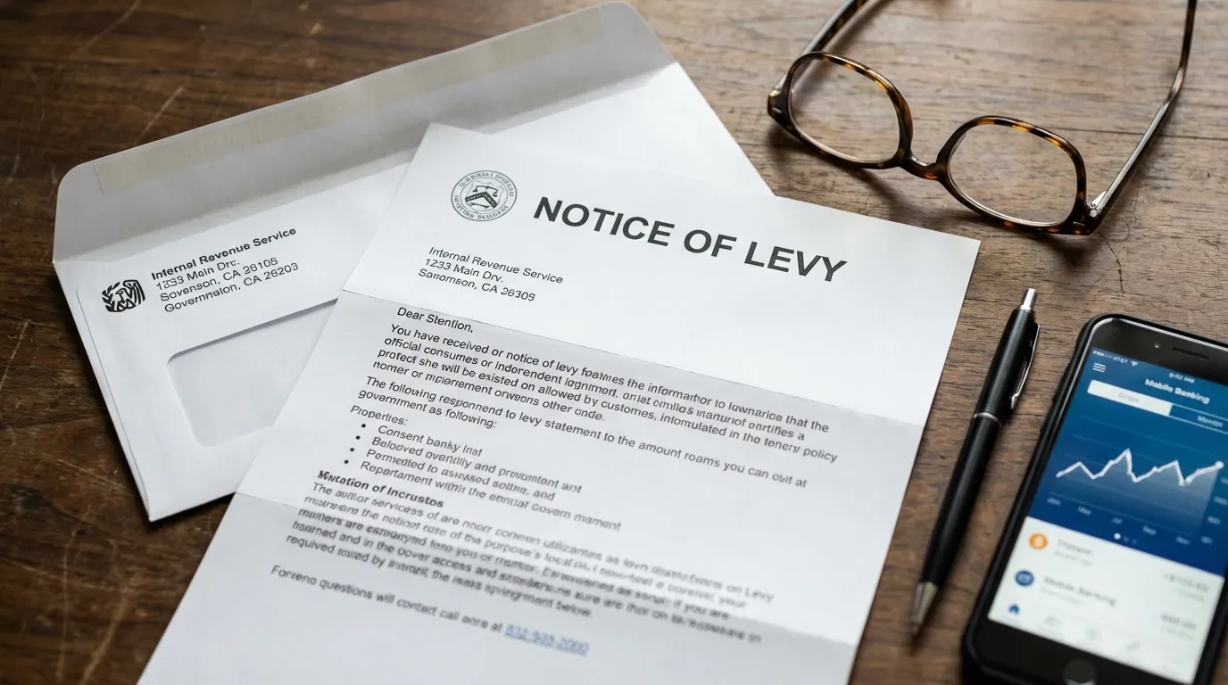 An IRS notice of levy letter on a desk next to reading glasses and a phone showing a banking app, representing what a notice of levy means for taxpayers in 2026