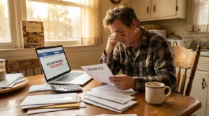 A man sitting at a kitchen table reviewing an IRS levy notice next to a laptop showing a frozen bank account, representing taxpayers learning how to stop an IRS levy in 2026
