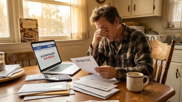 A man sitting at a kitchen table reviewing an IRS levy notice next to a laptop showing a frozen bank account, representing taxpayers learning how to stop an IRS levy in 2026