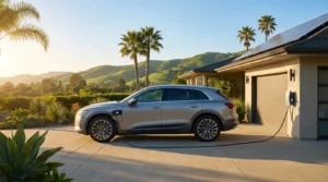 A plug-in hybrid SUV charging at a home station in a California driveway, representing tax credits and incentives available for hybrid cars in California in 2026