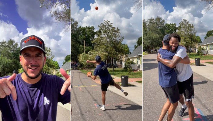 The American citizen broke his own record by throwing a small basketball into the hoop from a distance of 100 feet