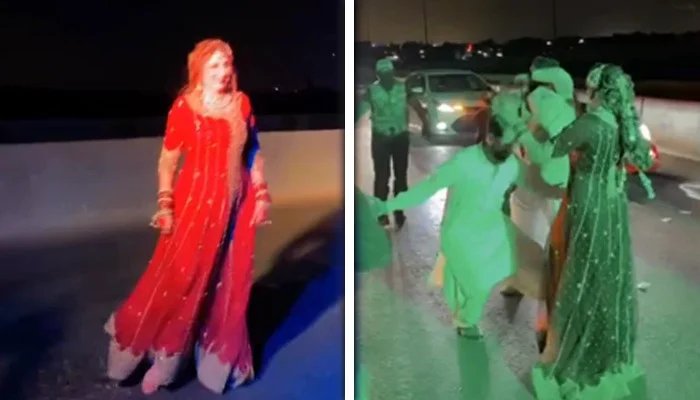 Karachi: Shah Faisal bridge has been made a dance floor by bridegroom, bride and baratis, the video has gone viral